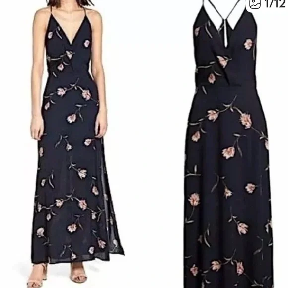 Lush Navy Maxi Dress with Pink Floral Print - Picture 1 of 11